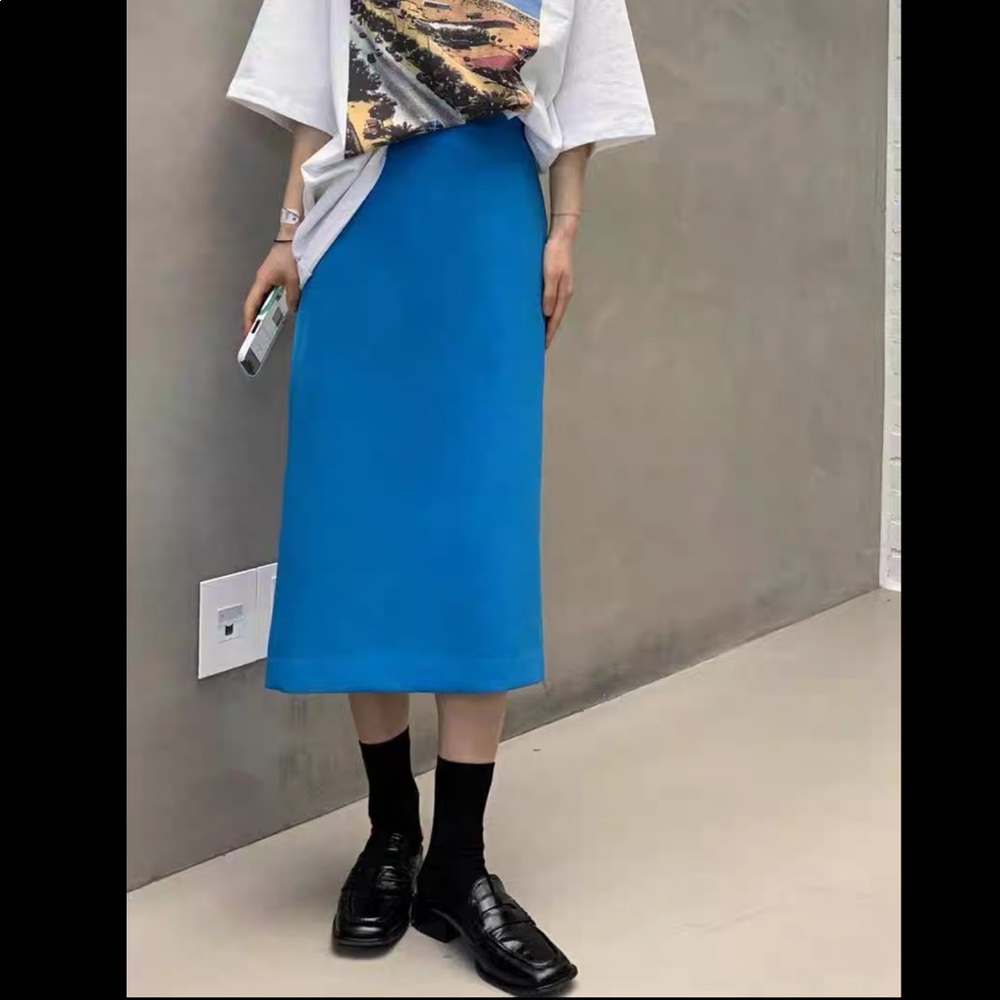 Korea Neroli 36 Stretchy High Waist Blue Midi Skirt Zara Mango Frankies Shop